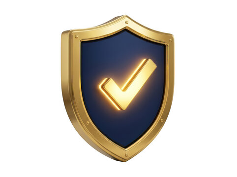 Shiny gold shield icon with a glowing check mark symbol