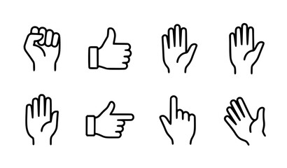 Fototapeta premium Hand Gesture Outline Vector Icon Set with Fist Thumbs Up and Open Hands