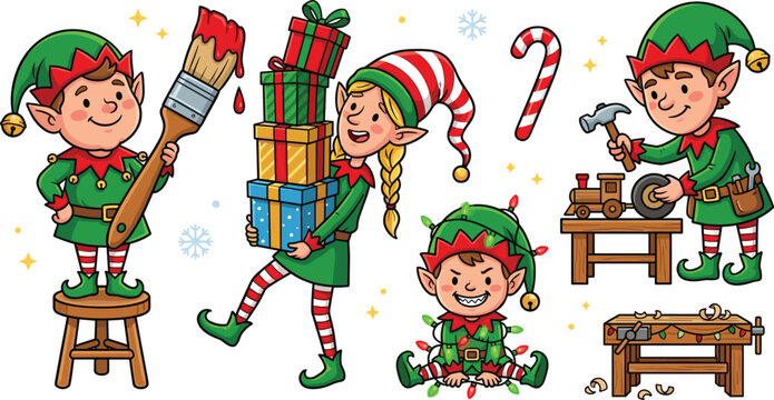 Cute Christmas elf collection with holiday helpers gifts workshop activities and festive cartoon vector illustration