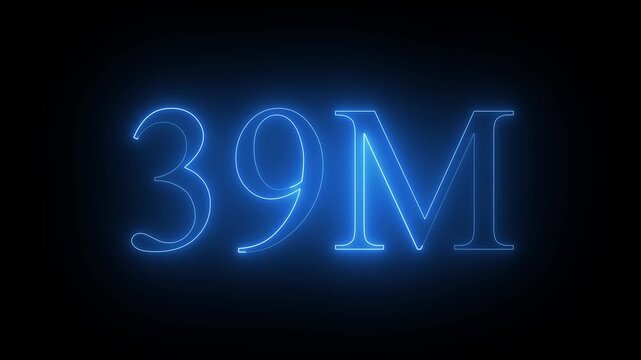 Glowing blue neon sign 39 million milestone symbol number text typography black background number text typography 4k video