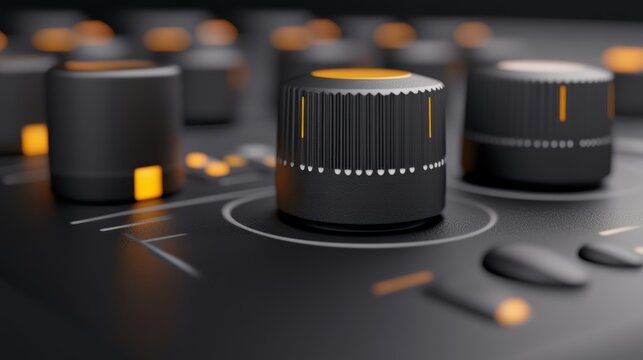 Macro close up of professional audio mixing console with black knobs and vibrant orange indicator lights for music studio production