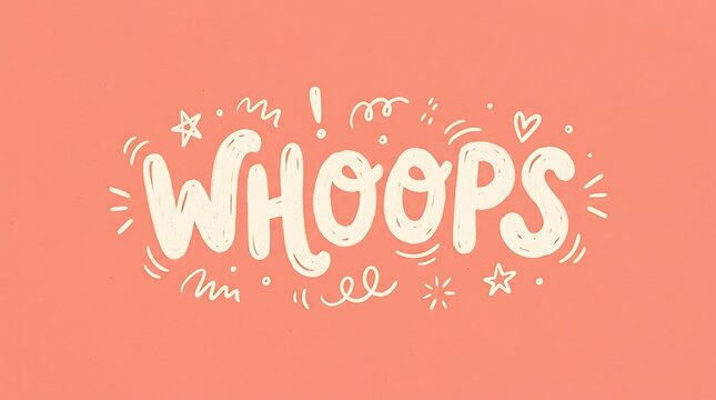 Whoops hand drawn lettering text with cute doodles on a soft orange textured background.