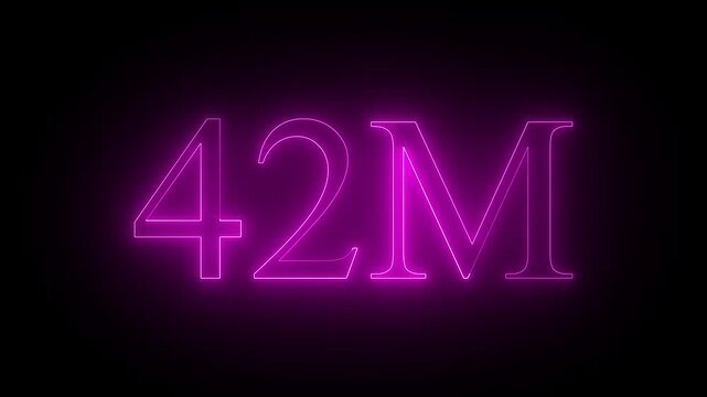 Glowing pink neon sign 42 million milestone symbol number text typography black background number text typography 4k video