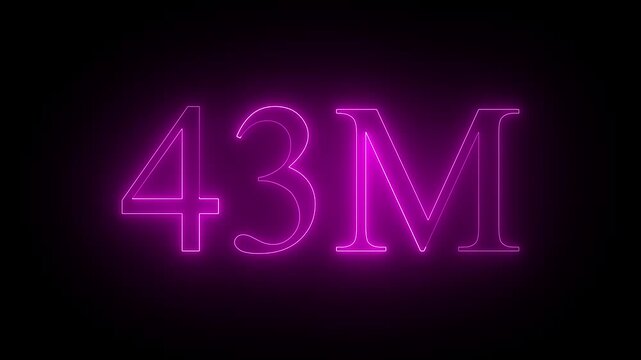 Glowing pink neon sign 43 million milestone symbol number text typography black background number text typography 4k video