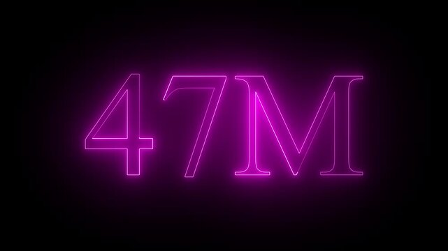 Glowing pink neon sign 47 million milestone symbol number text typography black background number text typography 4k video