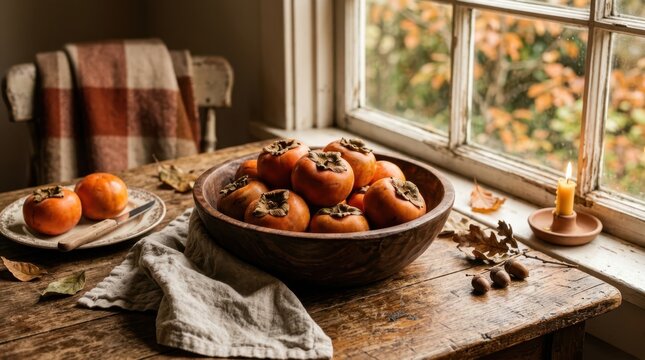 Rustic autumn still life with persimmons and candle by the window