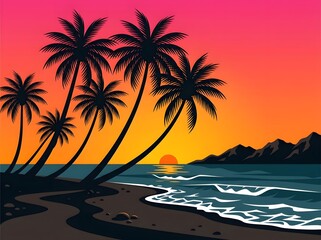 Fototapeta premium Tropical beach sunset with palm trees and mountain view
