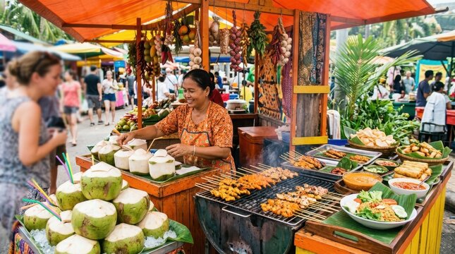 Smiling vendor serves fresh coconuts and grilled skewers at a vibrant outdoor market stall