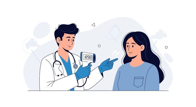 Doctor measures patient's temperature with infrared thermometer, modern vector illustration style, healthcare concept.