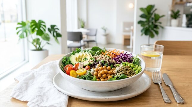 Vibrant and healthy salad bowl with fresh ingredients and a glass of water