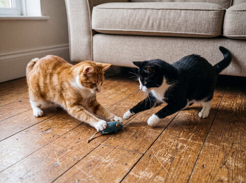 Two adorable domestic cats enthusiastically play with a toy mouse on a rustic wooden floor.