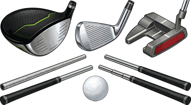 Golf equipment collection with driver irons putter clubs shafts and ball sports vector illustration set