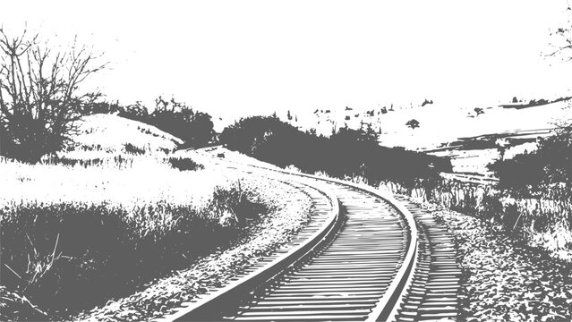 Grunge Railroad Track Scene with Heavy Fog, Weathered Texture Effects, Industrial Landscape Elements and Cinematic Vintage Atmosphere.