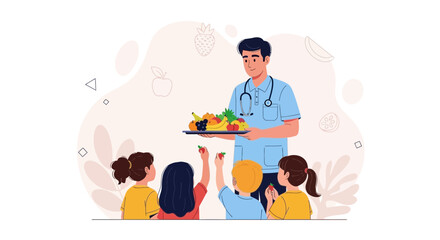 Fototapeta premium Doctor teaching children about healthy eating with a platter of fresh fruits, promoting nutrition and well-being.
