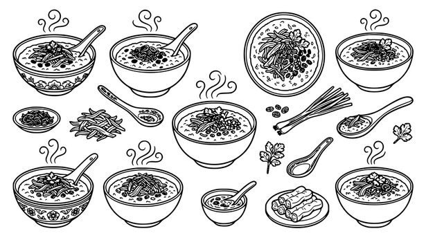 Chicken Congee and Rice Porridge Food Icons Vector Illustration Set