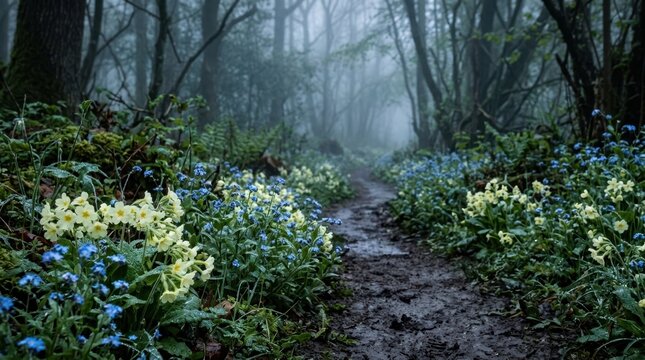 Misty forest path lined with blooming primroses and forget-me-nots