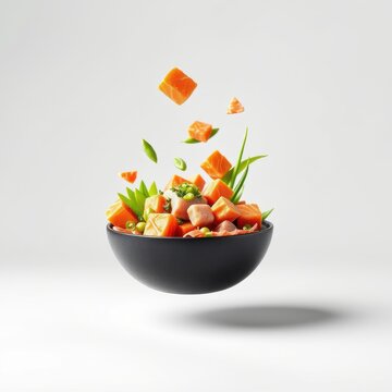 Floating bowl contains colorful salmon, vegetables. Fresh ingredients falling into dark container. Minimalist studio shot, clean background.