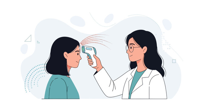 Doctor uses infrared thermometer to measure temperature of a patient during health screening, modern flat illustration