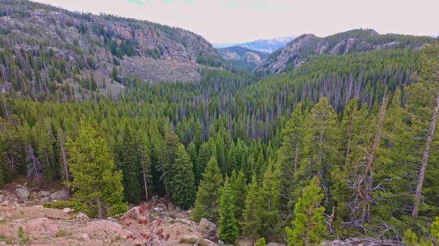 Panoramic view of Yellowstone Overlook from Beartooth Highway overlooking rugged mountains and expansive valleys