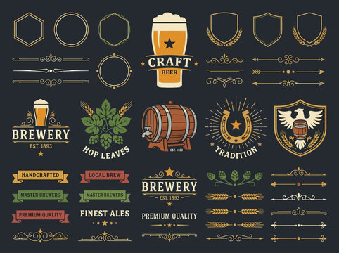 Vintage Craft Beer Brewery Design Elements Set. Retro Logo Badges, Icons, and Decorative Ornaments for Branding.