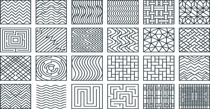 Geometric Seamless Pattern and Linear Texture Tile Set with Abstract Waves, Mazes, Herringbone, Chevron, and Grid Line Swatches for Interior Graphic Backgrounds