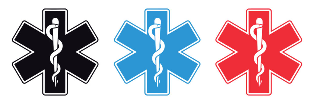 Medical star icons, healthcare symbols with snake emblems for emergency services, hospitals, clinics and rescue systems.