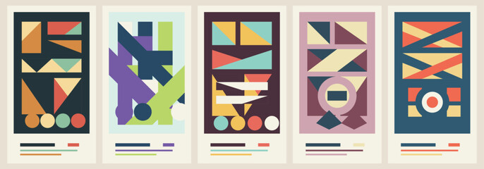 Fototapeta premium Colorful geometric abstract designs in modern art style displayed in a series of posters