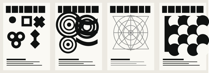 Fototapeta premium Digital abstract geometric pattern designs in black and white on rectangular cards