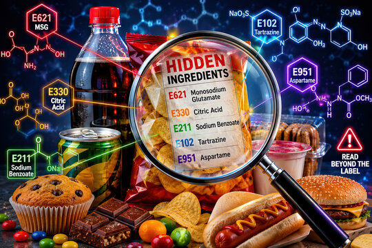 Hidden ingredient snack food additive ingredient label magnifying glass junk food soda potato chip chemical formula warning message Hidden
