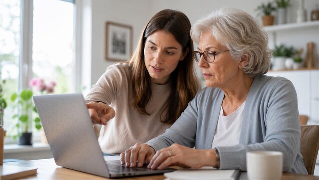 Young woman helping senior woman check laptop for online financial scam. Concerned daughter investigating suspicious email or bank website with mother. Cyber security and fraud prevention.