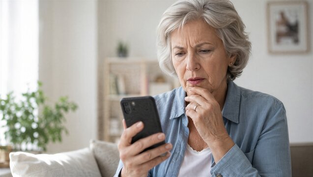 Concerned senior woman looking at smartphone screen. Worried elderly female reading suspicious message on mobile phone. Online financial scam alert, cyber crime and fraud targeting victim.