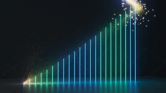 Glowing ascending neon light bar chart graph growth data in blue green gradient with sparkling particles, abstract futuristic digital background