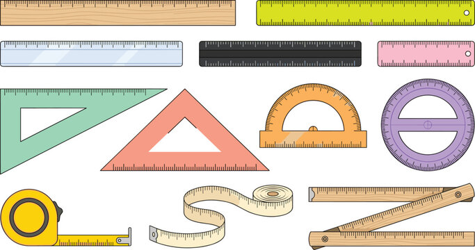 Measurement ruler collection with tape measure protractors triangles and drafting tools vector illustration set