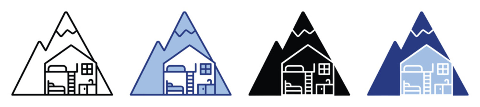 Set of mountain hostel or cabin accommodation icons showing a bunk bed and kitchen inside a peak for travel and outdoor recreation applications
