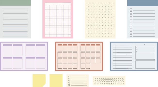 Planner and journal page templates collection with calendars checklists notes and productivity organizer vector set