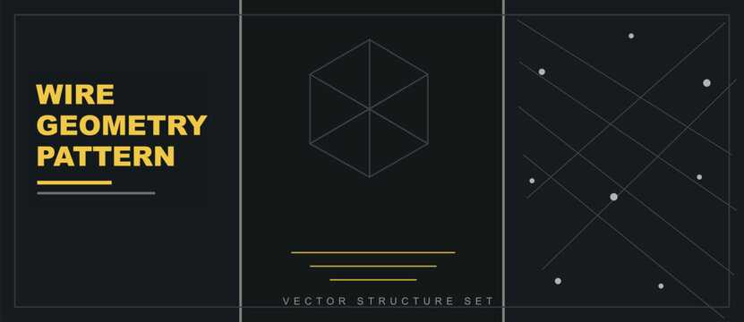 Abstract geometric wireframe pattern set with lines and dots on dark background