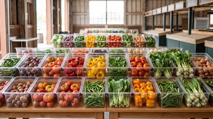 Obraz premium Fresh Organic Produce Display Featuring Assorted Seasonal Vegetables and Farm Harvest Vegetables in Clear Containers at a Market