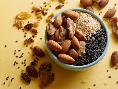 Almonds and sesame seeds in ceramic bowl on yellow background. Calcium, protein for pregnancy nutrition. Flat lay, prenatal health.