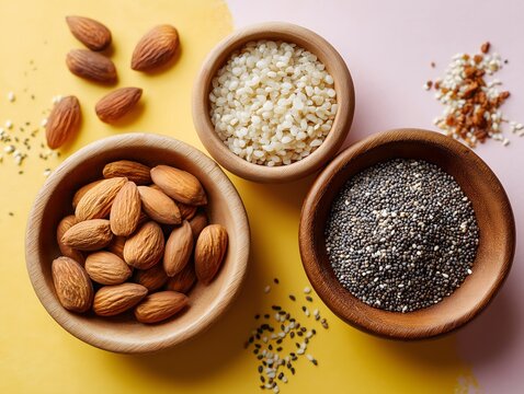 Flat lay almonds and sesame seeds on pastel yellow background. Calcium-rich foods for pregnancy, bone health, prenatal nutrition.