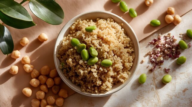 Cooked quinoa in white bowl surrounded by chickpeas. Plant protein, iron for pregnancy. Flat lay, prenatal nutrition.