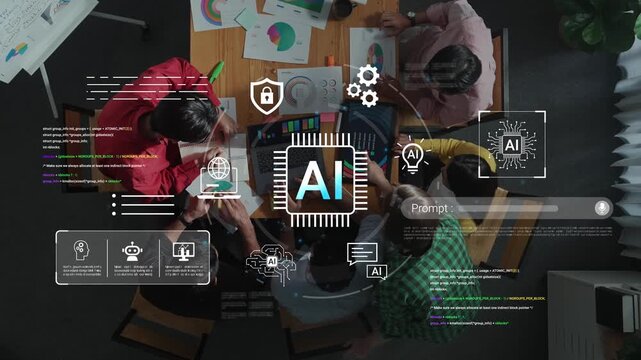Collaborative Team Brainstorming Over AI Technology with Colorful Charts and Digital Interfaces in Modern Workspace Gluon.