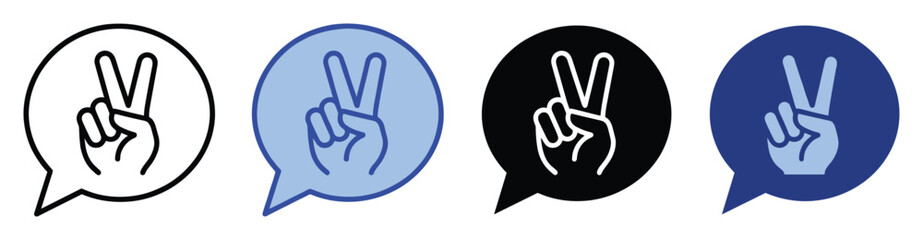 Fototapeta premium Set of peace sign hand gesture icons within speech bubbles symbolizing positive communication and victory for graphic design applications