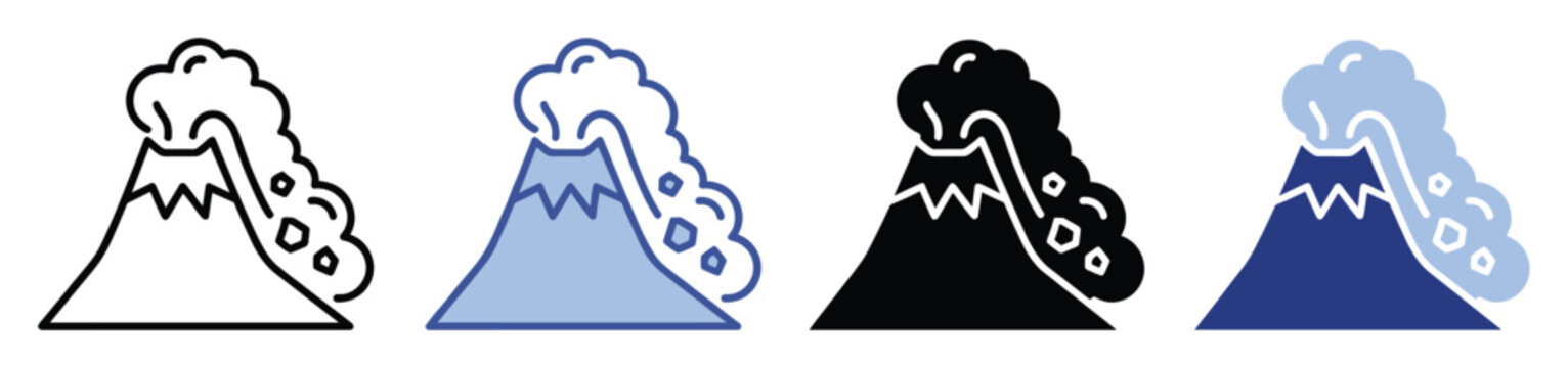 Set of volcanic eruption icons depicting an active mountain with smoke and falling debris, suitable for warning signs, educational materials, or environmental graphics.