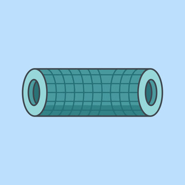 A teal cylindrical mesh filter rests on a light blue background