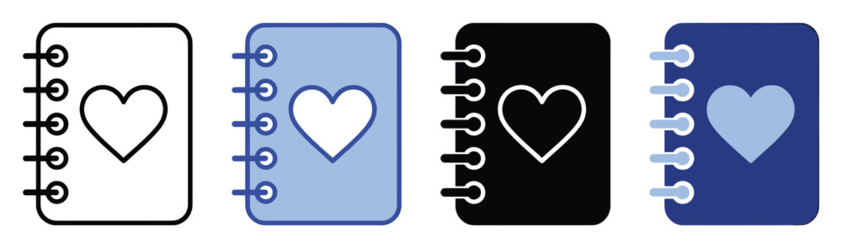Set of spiral bound heart notebook icons symbolizing love and personal journaling ideal for romantic memory keeping and digital design applications