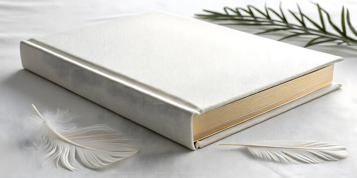 Elegant white book mockup with gold edges and soft feathers on textured fabric background.