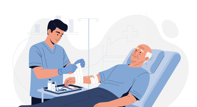 Nurse Bandaging Patient's Arm in Hospital Bed - Medical Care Illustration