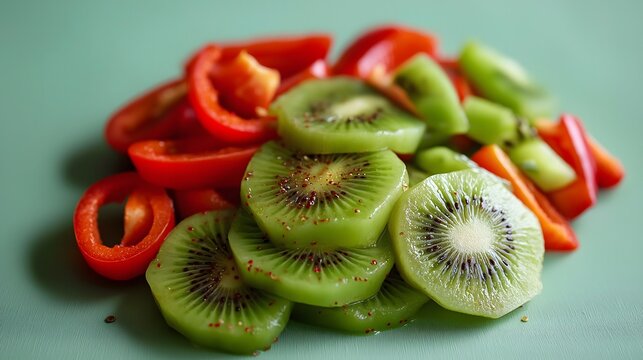 Sliced kiwi fruit and red bell pepper strips. Vitamin C for pregnancy, immunity. Flat lay, prenatal nutrition. 