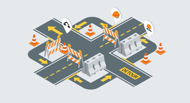 Isometric road closure and detour, featuring construction barriers, traffic cones, and navigation icons
