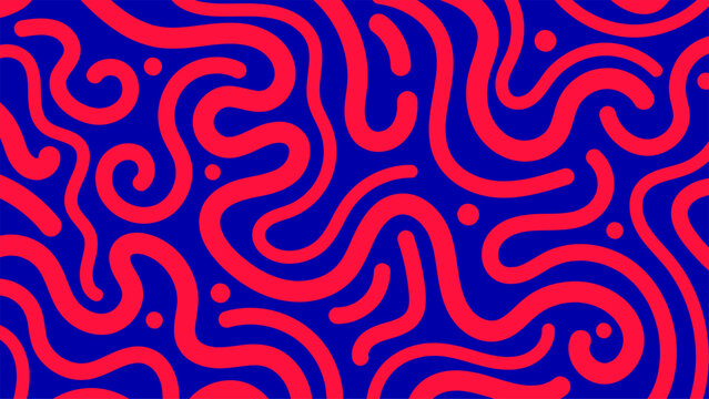 Abstract organic red curved lines and dots pattern on vibrant blue background modern psychedelic with fluid line art and minimalist retro aesthetic, creative design projects